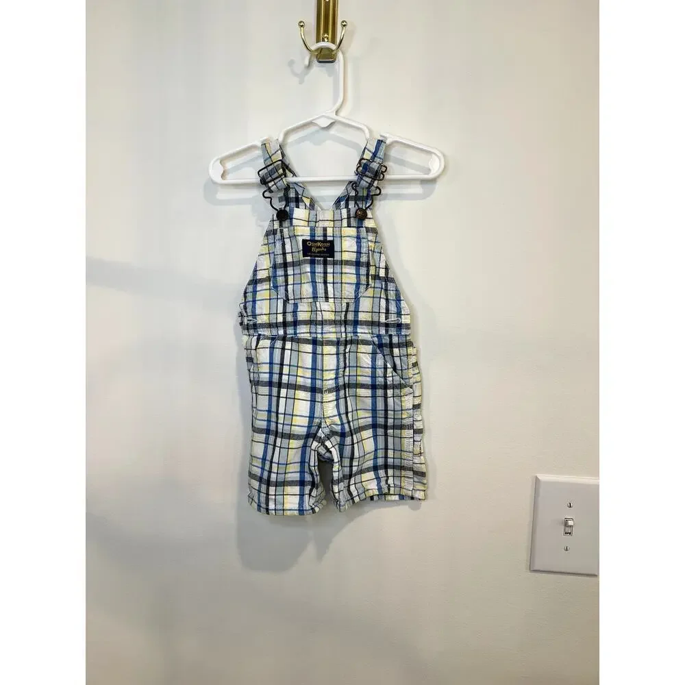 OshKosh B’gosh Baby Boy Overalls 12M Plaid Blue Yellow Shortalls Summer Toddler